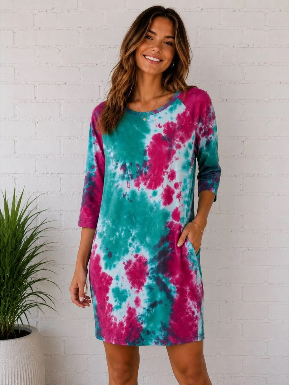 Heyson Tie-Dye 3/4 Raglan Sleeve T-Shirt Dress with Pockets Sz M. NWT